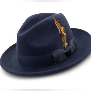 MEN'S MONTIQUE NAVY LIGHT FELT 2 1/2" WIDE BRIM PINCH FEDORA HAT. H60